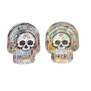 Smokezilla Glow Skull Glass Ashtray Dia De Los Muertos Sugar Skull Set of 2